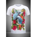 Mens 3D Stylish Parrot Floral Printed Slim Fitted Round Neck Short Sleeve T-Shirt