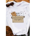 Cute Cartoon Bear Printed Roll up Sleeves Crew-neck Slim Fitted T Shirt in White