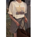 Stylish Cartoon Printed Rolled Short Sleeve Crew Neck Relaxed T-shirt for Women