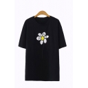 Popular Womens Letter Play Floral Graphic Short Sleeve Crew Neck Loose Fit Tee Top