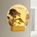 Ink Painting Pine Tree Acrylic Mural Lamp Chinese Style LED Wooden Wall Sconce Lighting