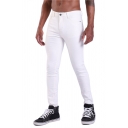 Simple Mens Solid Color Pocket Zipper Mid Rise Full Length Slim Fitted Jeans in White