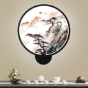 Pine Tree and Mountain Sconce Light Fixture Chinese Style Metallic LED Black Circle Mural Lamp