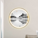 Round Metal Wall Sconce Light Fixture Chinese Style LED Gold Wall Mural Lamp with Mountain and River Pattern