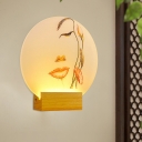 Acrylic Circle Panel Wall Mount Lamp Asian LED Wood Wall Mural Light Fixture with Flower Pattern
