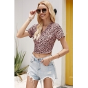 Pretty Womens Leopard Print Short Sleeve V-neck Fitted Crop T Shirt in Pink