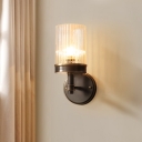 1 Head Clear Ribbed Glass Wall Light Traditional Black Cylinder Bedroom Wall Mount Lamp Fixture
