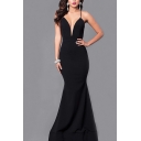 Sexy Black Deep V-neck Criss Cross Back Maxi Fishtail Prom Cami Dress for Women