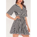 Trendy Stripe Printed Short Sleeve Surplice Neck Drawstring Waist Mini A-line Dress in Black