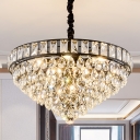 Crystal Droplets Cone Shaped Drop Lamp Minimalist 6 Heads Bedroom Pendant Chandelier in Black