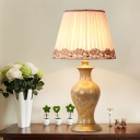 Ceramic Pot Vase Table Lamp Traditional 1-Light Living Room Nightstand Light with Floral Trim Shade in Beige