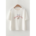 Pretty Womens Letter Suya Suya Cat Embroidered Short Sleeve Round Neck Relaxed Crop Tee