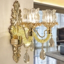 2 Heads Crystal Wall Mount Lamp Mid-Century Gold Lotus Shade Corner Wall Sconce Light