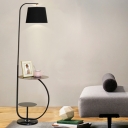 1-Light Living Room Standing Light Minimalist Black Adjustable Floor Lamp with Table and Barrel Fabric Shade