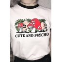 Chic Womens Letter Cute And Psycho Mushroom Graphic Short Sleeve Crew Neck Contrasted Loose Ringer T Shirt in White