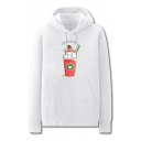 Dressy Coffee Cat Pattern Letter Strawberry Pocket Drawstring Long Sleeve Regular Fit Graphic Hooded Sweatshirt for Men