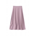 Novelty Womens Solid Color Pleated Zip Back High Rise Midi A Line Skirt
