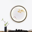 Gold Finish Circle Mural Lighting Asian LED Metallic Wall Lamp Fixture with Floret Deco