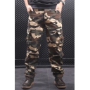 Cool Mens Pants Camo Pattern Zip Fly Button Detail Flap Pockets Full Length Straight Fit Cargo Pants