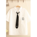 White Bear Letter Embroidery Chest Pocket Short Sleeve Turn down Collar Button down Relaxed Stylish Shirt with Tie