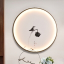 Minimalistic LED Mural Lamp Black Ink Drawing Bird and Lotus Flush Mount Wall Sconce with Metal Frame