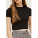 Stylish Womens Solid Color Short Sleeve Crew Neck Fit Cropped Tee Top in Black