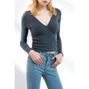 Womens Basic Plain Long Sleeve V-neck Slim Fitted T Shirt in Gray
