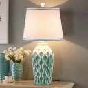 Blue/Green Finish 1 Bulb Table Light Traditional Ceramics Altar Shaped Nightstand Lamp with Fabric Shade