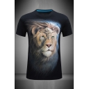 3D Classic Lion Printed Crew Neck Short Sleeve Slim Fitted T-Shirt for Men