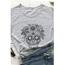 Leisure Womens Flower Skull Print Rolled Short Sleeve Crew Neck Regular Fit T Shirt