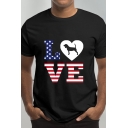 Popular Mens Letter Love Star Stripe Dog Graphic Short Sleeve Crew Neck Loose Fit T Shirt in Black