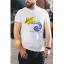 Colorful Mens Animal Pattern Short Sleeve Round Neck Regular Fit T-Shirt in White