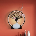 Black Ring Wall Lighting Idea Asian Style LED Metallic Wall Mural Lamp with Fan and Plum Blossom Decor, White/Warm Light