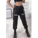 Girls Cool Letter Rock More Printed High Waist Chain Decoration Flap Pockets Cuffed Ankle Tapered Fit Black Pants