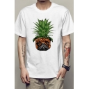 Cool Mens Tee Top Dog Pineapple Pattern Short Sleeve Round Neck Regular Fitted Tee Top in White