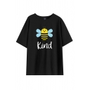 Popular Cartoon Bee Letter Kind Graphic Rolled Short Sleeve Crew Neck Regular Fit T-shirt for Women