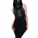 Dark Womens Skeleton Printed Sleeveless Hooded Long Regular Fit Tee Top in Black