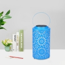 Metal Hollowed Out Cylinder Solar Lamp Modern White/Blue LED Table Stand Light with Handle