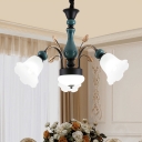 3 Lights Chandelier Light Fixture Vintage Flower Cream Glass Ceiling Pendant Lamp in Green and Black for Dining Room