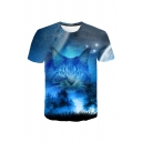 Stylish Men's Moon Cat 3D Pattern Crew Neck Short Sleeve Fitted T-Shirt