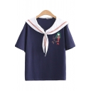 Cartoon Mermaid Letter Embroidered Short Sleeve Striped Sailor Collar Loose Fit Popular T Shirt for Women