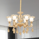 1 Bulb Frosted Glass Suspension Light Mid-Century Gold Flower Dining Room Chandelier Lamp