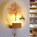 Deer and Tree Pattern Acrylic Mural Lamp Nordic Wood Pull-Chain LED Wall Mount Light Fixture