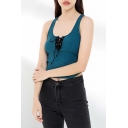 Sexy Girls Knit Scoop Neck Lace-up Curved Hem Fit Cropped Tank Top in Blue
