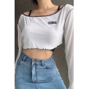 Sexy Womens Letter Such Cute Embroidered Stringy Selvedge Contrast Stitch Long Sleeve Drop Shoulder Regular Cropped T Shirt in White