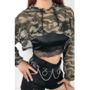 Street Womens Mesh Camo Print Long Sleeve Drawstring Hooded Loose Super Cropped T Shirt in Brown