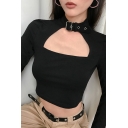 Womens Hot Long Sleeve Buckle Straps Mock Neck Cut-out Slim Fitted Crop T Shirt in Black