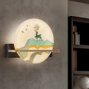 White Glass Round Wall Mount Lighting Asian LED Black-Gold Mural Lamp with Elk/Fish and Lotus Pattern