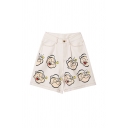 Cute Girls Cartoon Figure Face Printed Pockets Contrast Piping High Rise Wide Leg Denim Shorts in White