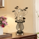 Floral and Vase Bedside Table Light Art Deco Metal Wire LED Black-Silver Nightstand Lamp